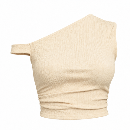 Asymmetrisk crop top med off-shoulder og rynkedetaljer
