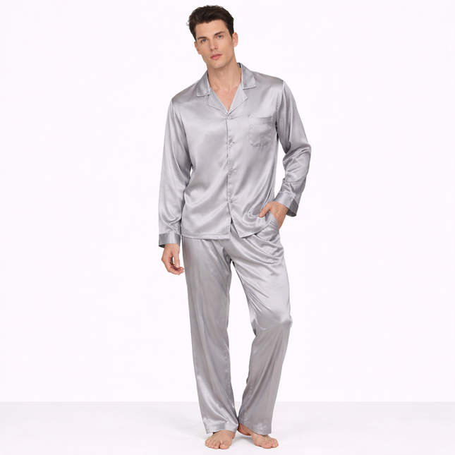 Eksklusivt Silke Pysjsett for Menn – 100 % Ren Morbærsilke 19 Momme | Luksuriøst Loungewear med Langermet Skjorte og Bukse