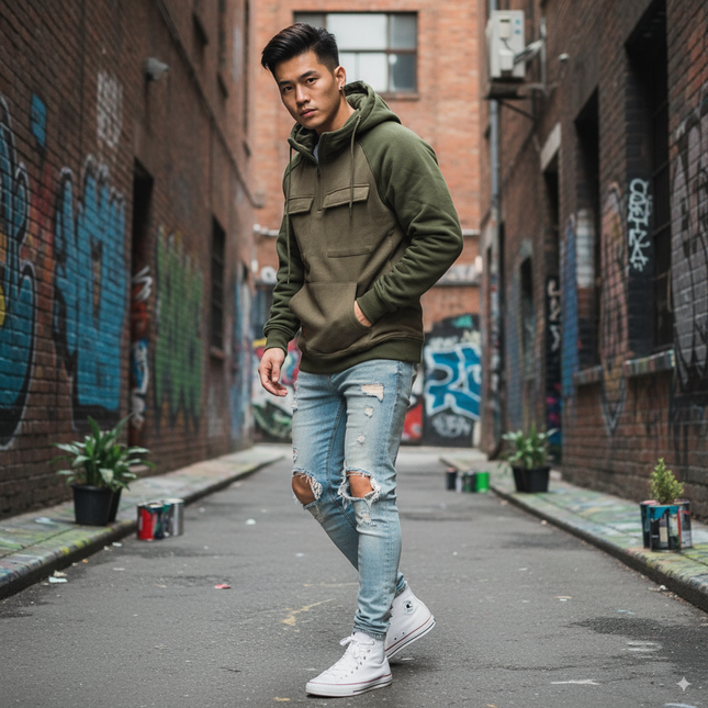 Hettegenser til Herre – Løs Passform med Patchwork & Lomme