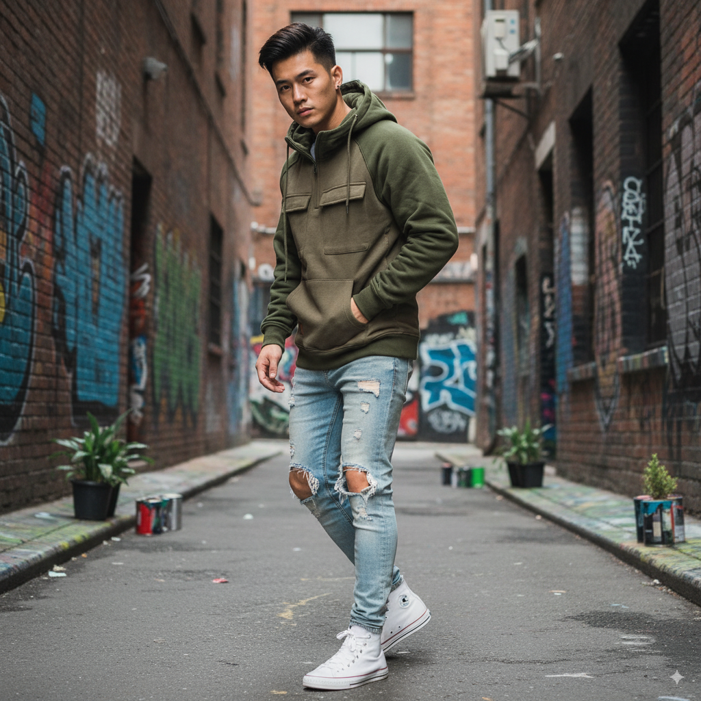 Hettegenser til Herre – Løs Passform med Patchwork & Lomme