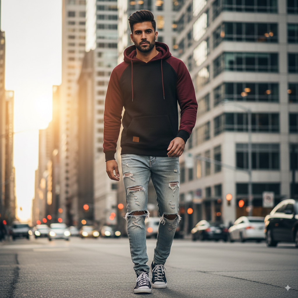 Hettegenser til Herre – Løs Passform med Patchwork & Lomme