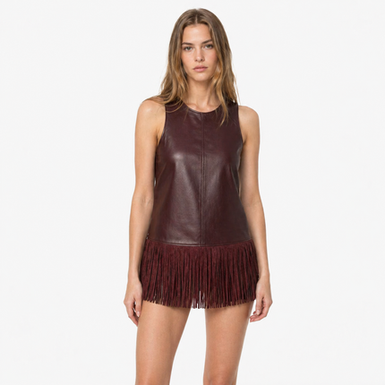 Halter Topp i Faux Skinn – Fringe & Backless Design