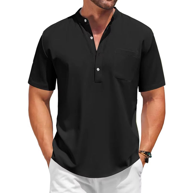 Sommerlig Herreskjorte med Kort Erm – Avslappet Henley Stil i Bomull med Lommer