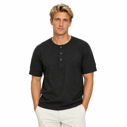 Loopwheel Henley T-skjorte til Herre – 300g Slub Bomull Vintage Stil