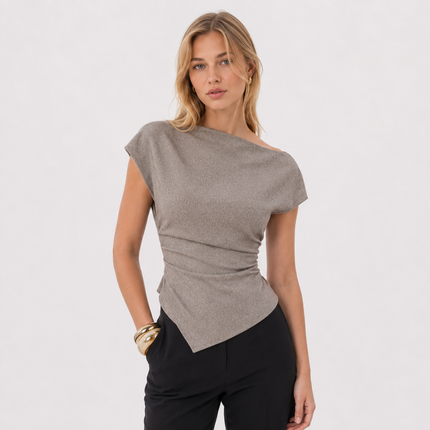 Elegant Topp til Dame | Asymmetrisk Crop Top med Drapert Midje og Båthals