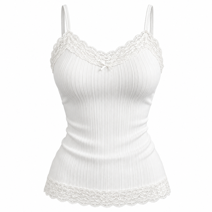 Hvit ribbestrikket camisole med V-hals og blondedetaljer