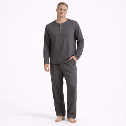 Herre Pysjsett i 100 % Bomull – Krøllet Lett Stoff med Langermet Skjorte og Bukse | Komfortabelt To-delt Hjemmesett til Vår og Sommer