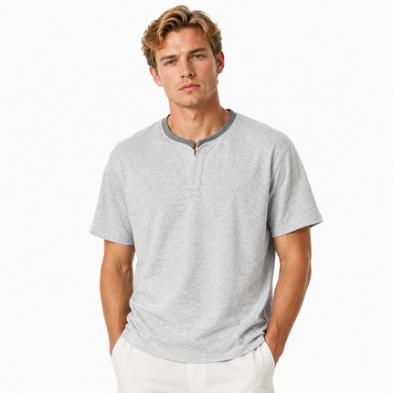 260G Heavyweight T-skjorte for Herre – Todelt Look med Henley-detalj og Droppede Skuldre