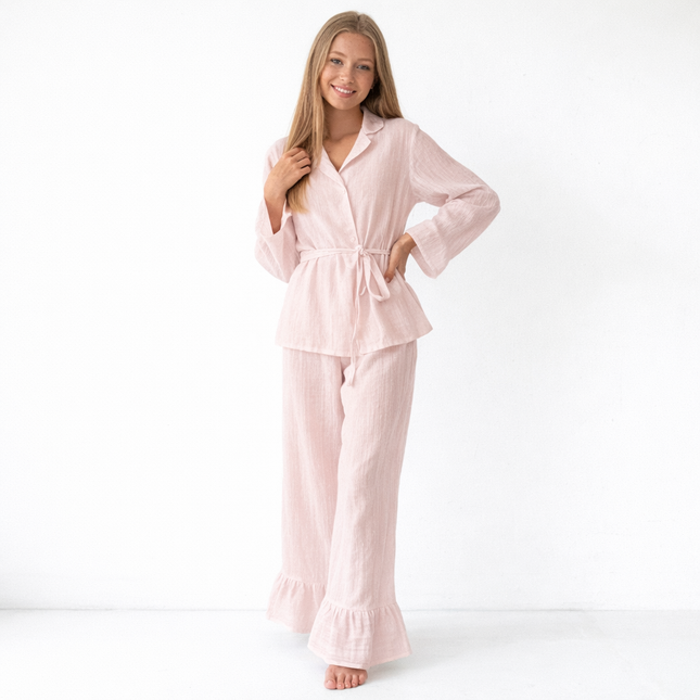 Dame Nattøysett – To-delt Pyjamas med Skjortekrage og Langermet Overdel | Løst og Komfortabelt Hjemmetøy for Kveldsbruk