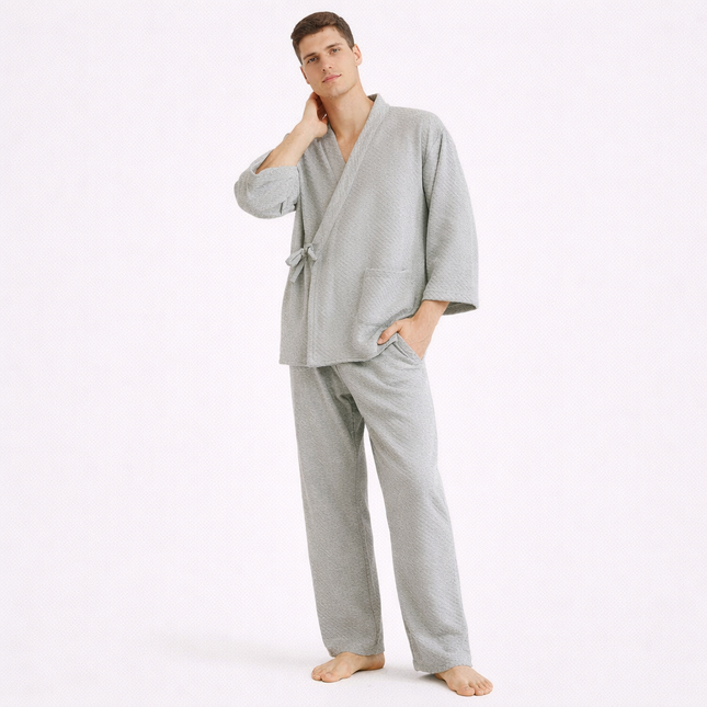 Japansk Pysjsett for Menn – 100 % Bomull i Tykt Luftlagstoff | Varmt Kimono-inspirert To-delt Nattøy til Høst og Vinter