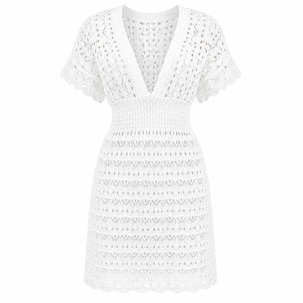 Heklet Strandkjole med V-hals for Dame – Kortermet Minikjole S–XL