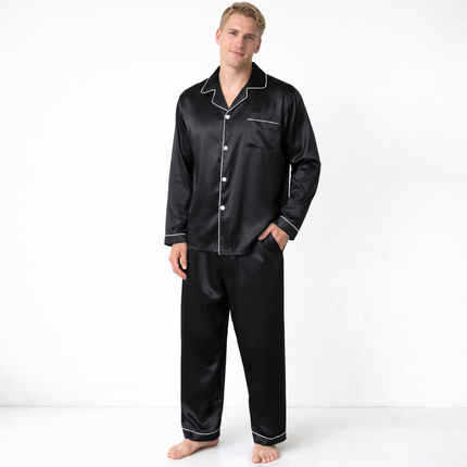 Silkesateng Pysjsett for Menn – To-delt Langermet Nattøy med Bukse | Elegant og Komfortabelt Hjemmetøy til Høst og Vinter