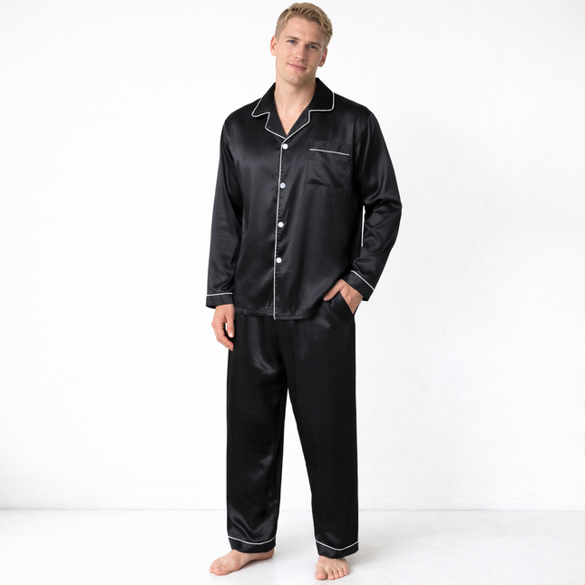 Silkesateng Pysjsett for Menn – To-delt Langermet Nattøy med Bukse | Elegant og Komfortabelt Hjemmetøy til Høst og Vinter