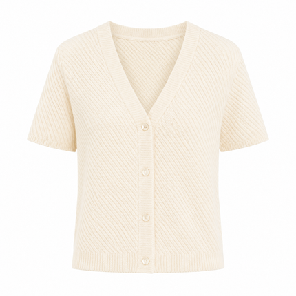 Stripet Strikket Topp til Dame – V-hals med Perleknapper og Elegant Sommerstil