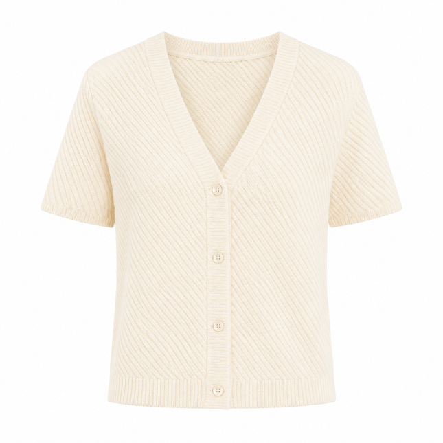 Stripet Strikket Topp til Dame – V-hals med Perleknapper og Elegant Sommerstil