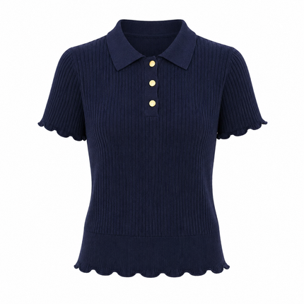 Marineblå Strikket Polo Topp til Dame – Elegant Slim Fit Sommerstil