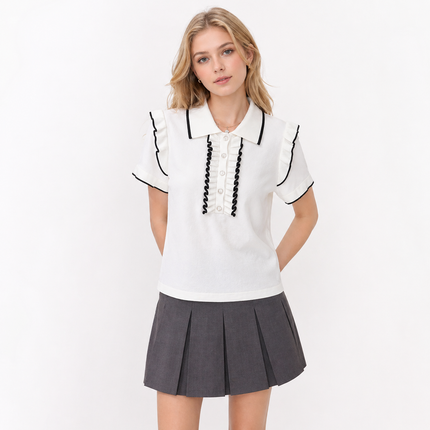 Fransk-inspirert Polo Topp til Dame – Colorblock & Rysjedetaljer