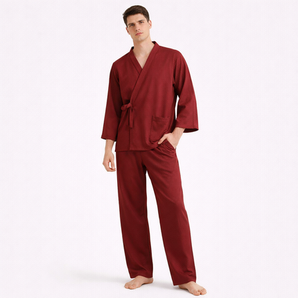 Japansk Pysjsett for Menn – 100 % Bomull i Tykt Luftlagstoff | Varmt Kimono-inspirert To-delt Nattøy til Høst og Vinter