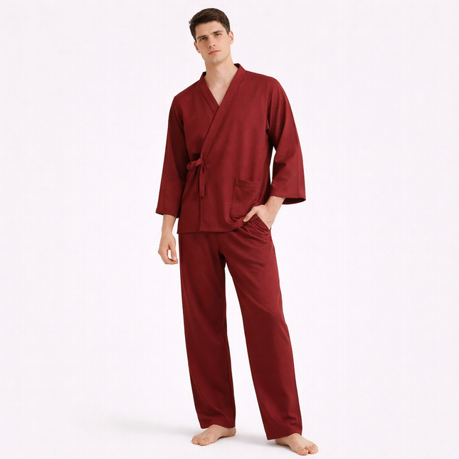 Japansk Pysjsett for Menn – 100 % Bomull i Tykt Luftlagstoff | Varmt Kimono-inspirert To-delt Nattøy til Høst og Vinter