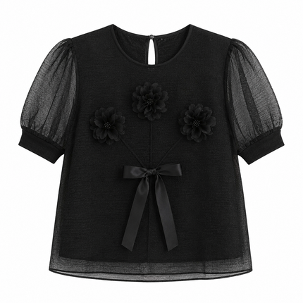 Plissert Topp til Dame med Organza Pufferm – Elegant 3D-Blomster Sommertopp