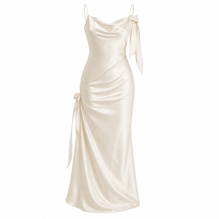 Hvit Maxikjole til Dame – Ryggløs Kjole med 3D-Blomster og Elegant Drapering