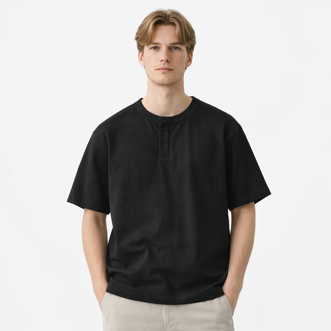 Tykk Henley T-skjorte til Herre – 100% Bomull, Oversized Passform (320g)