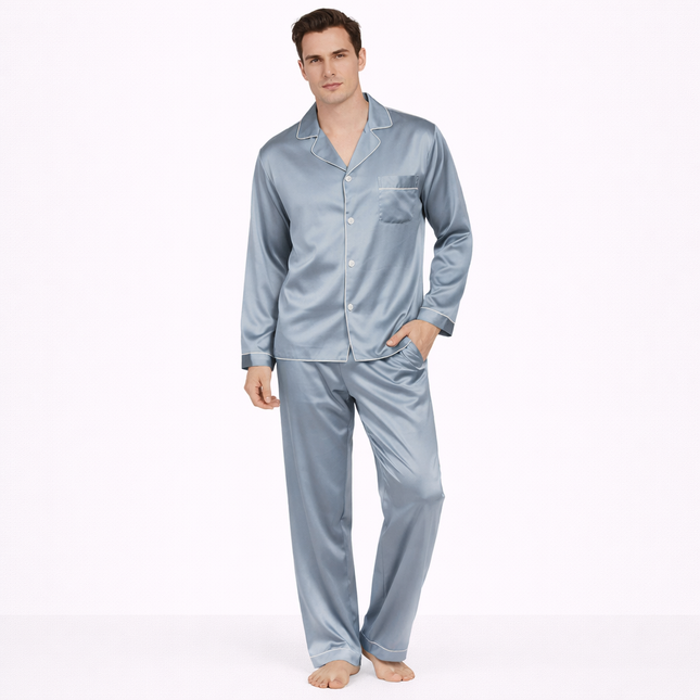 Eksklusivt Silke Pysjsett for Menn – 100 % Ren Morbærsilke 19 Momme | Luksuriøst Loungewear med Langermet Skjorte og Bukse