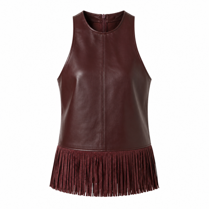 Halter Topp i Faux Skinn – Fringe & Backless Design