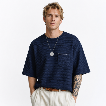 Strikket Jacquard T-skjorte til Herre – Retro Marineblå Sommertopp