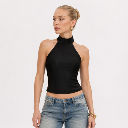 Elegant Halterneck Crop Top til Dame | Ryggløs Topp med Ståkrage