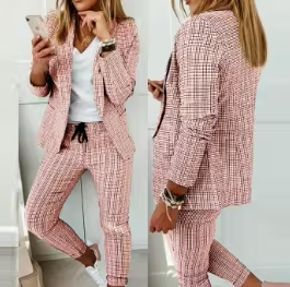 To-delt Damesett – Enkel og Elegant Blazer og Bukse med Krage og Knapper (Høst/Vår)