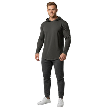 Langermet Hette-T-skjorte for Menn – Myk Bomull, Løs Passform | Enkel og Stilig Basic til Høst og Vinter