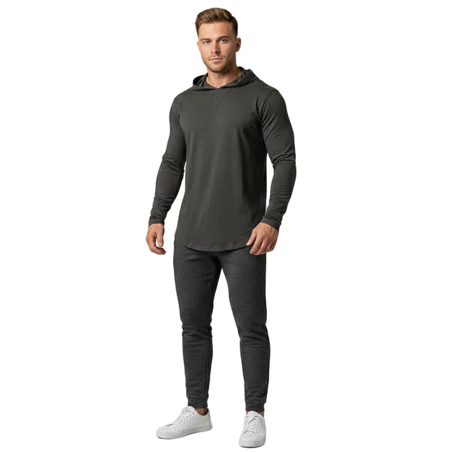 Langermet Hette-T-skjorte for Menn – Myk Bomull, Løs Passform | Enkel og Stilig Basic til Høst og Vinter