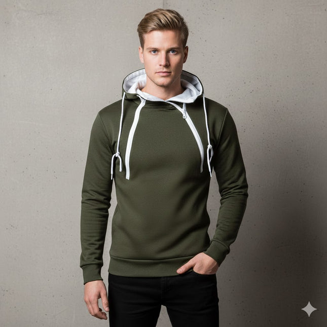 Herre Hoodie med Glidelås og Høy Hals – Langermet Genserjakke i Sort | Komfortabel og Stilig Sweatshirt til Høst og Vinter