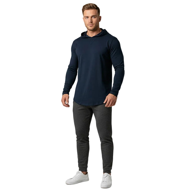 Langermet Hette-T-skjorte for Menn – Myk Bomull, Løs Passform | Enkel og Stilig Basic til Høst og Vinter